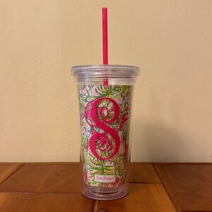 Lilly Pulitzer Pink Green Elephant Ear Monogram S Lidded Tumbler